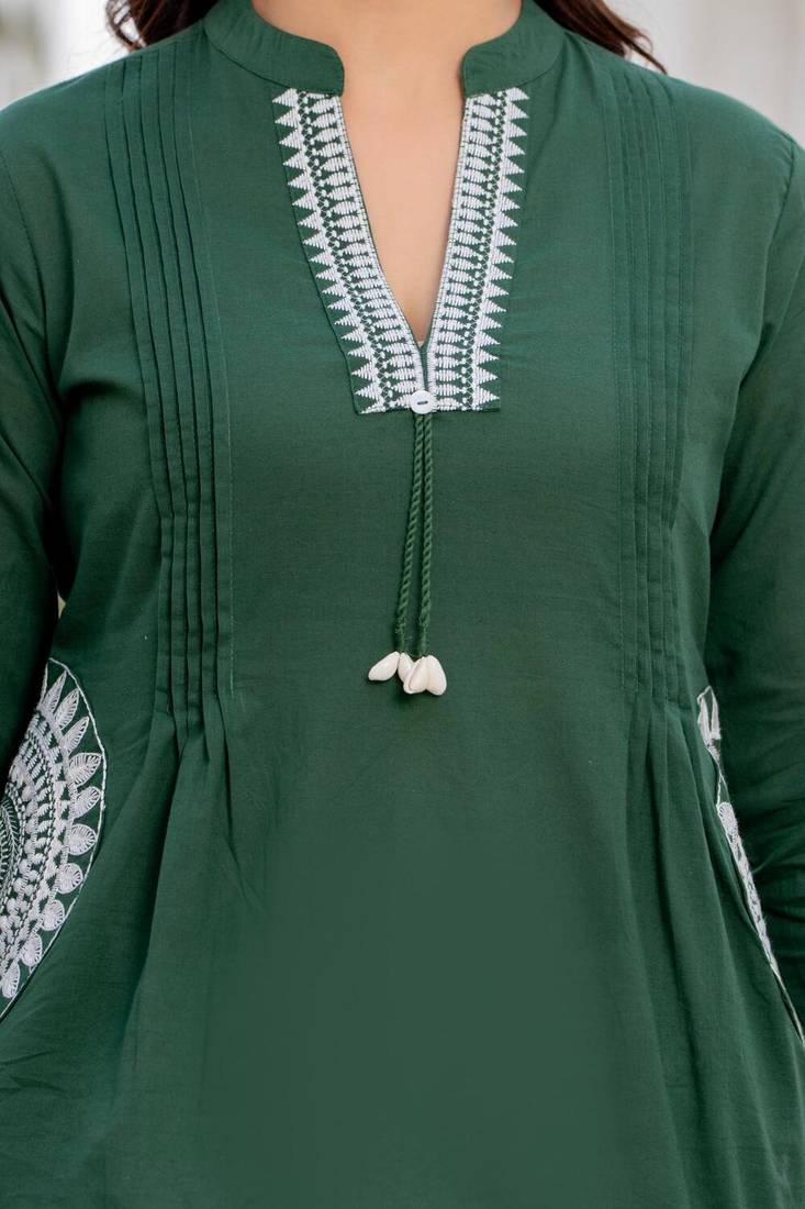 Green floral printed cotton tunic short kurti top for women