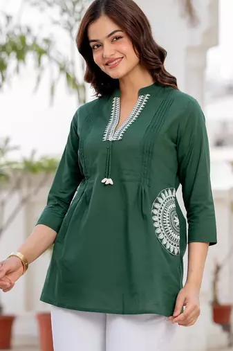 Green floral printed cotton tunic short kurti top for women