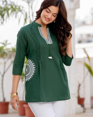 Green floral printed cotton tunic short kurti top for women 5