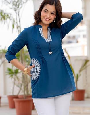 Blue floral printed cotton tunic short kurti top for women 1