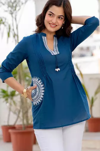 Blue floral printed cotton tunic short kurti top for women