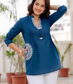 Blue floral printed cotton tunic short kurti top for women
