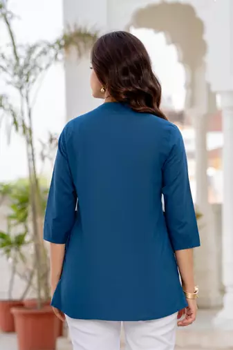 Blue floral printed cotton tunic short kurti top for women