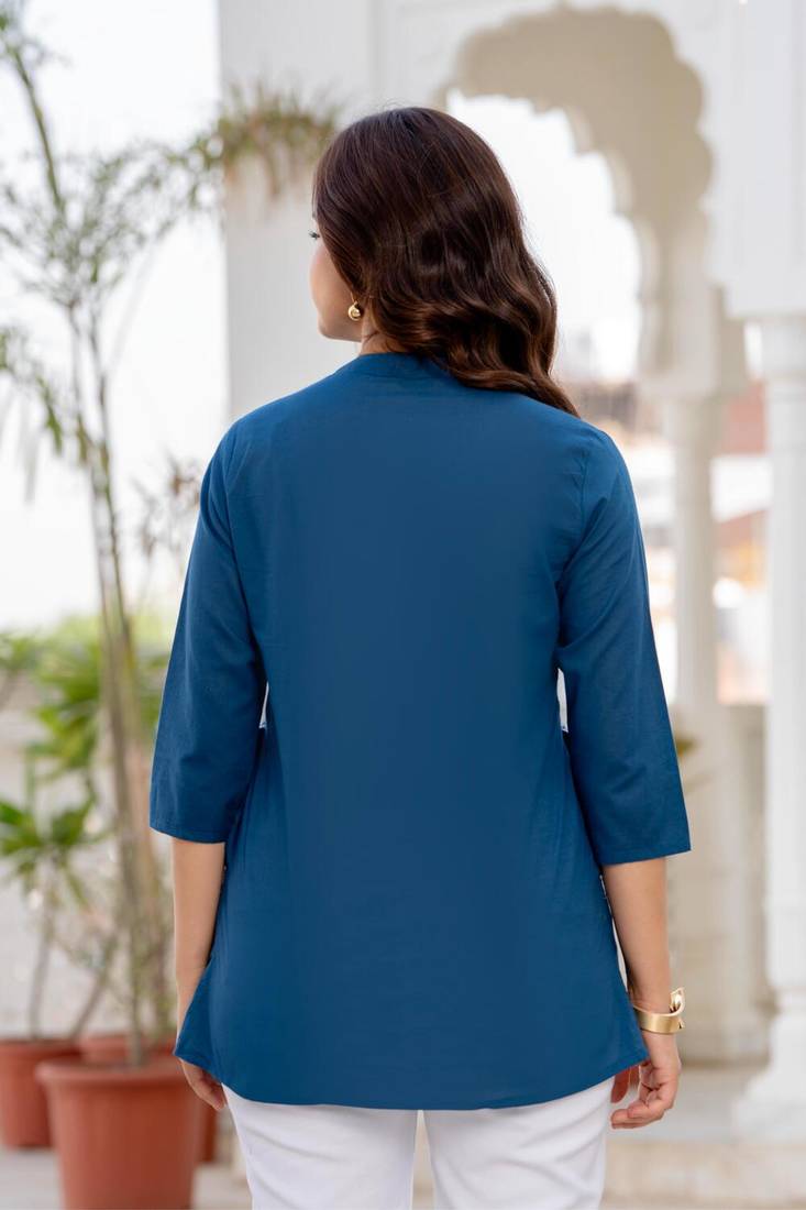 Blue floral printed cotton tunic short kurti top for women
