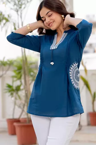 Blue floral printed cotton tunic short kurti top for women