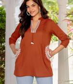 Brown floral printed cotton tunic short kurti top for women