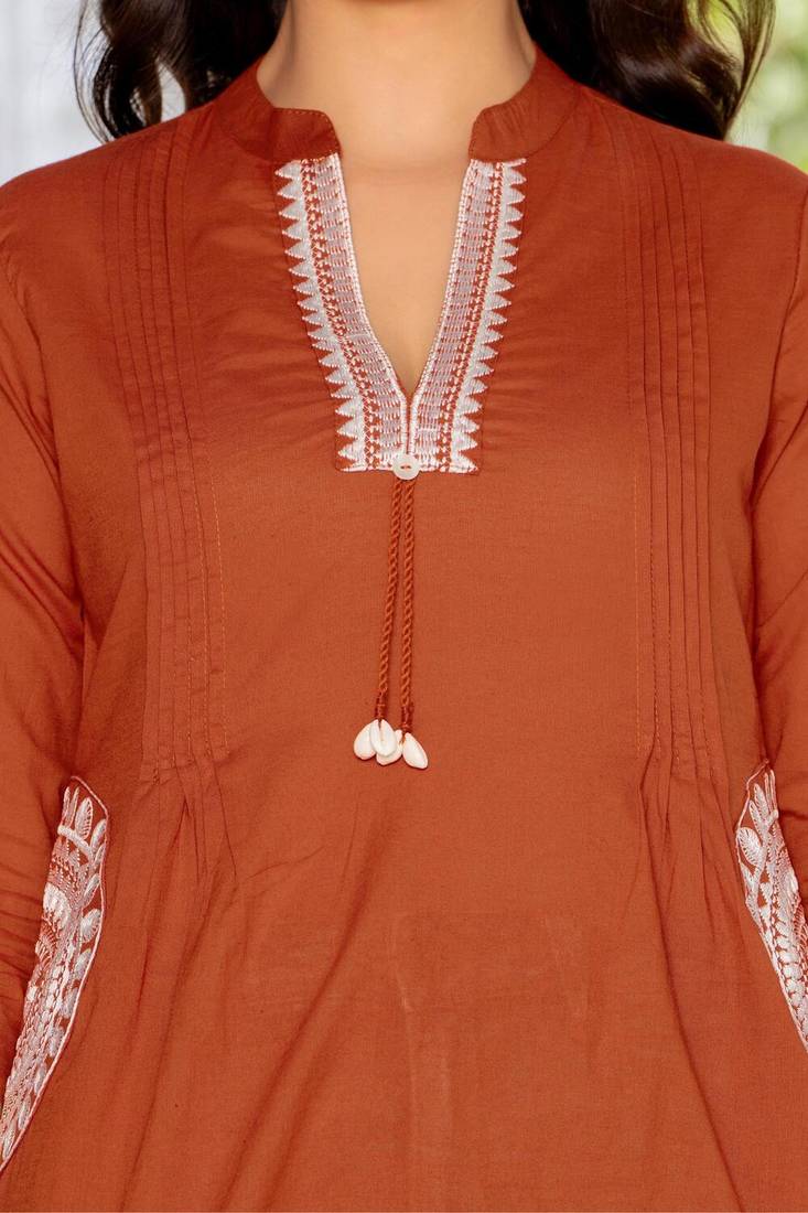 Brown floral printed cotton tunic short kurti top for women