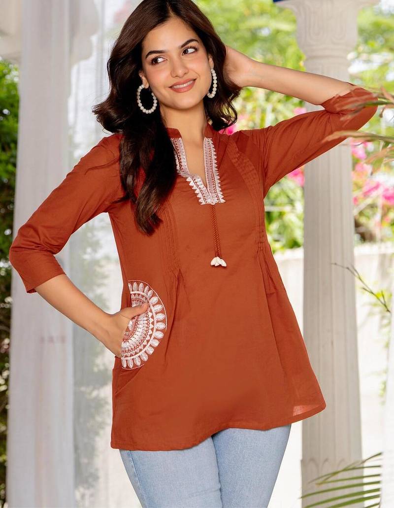 Brown floral printed cotton tunic short kurti top for women