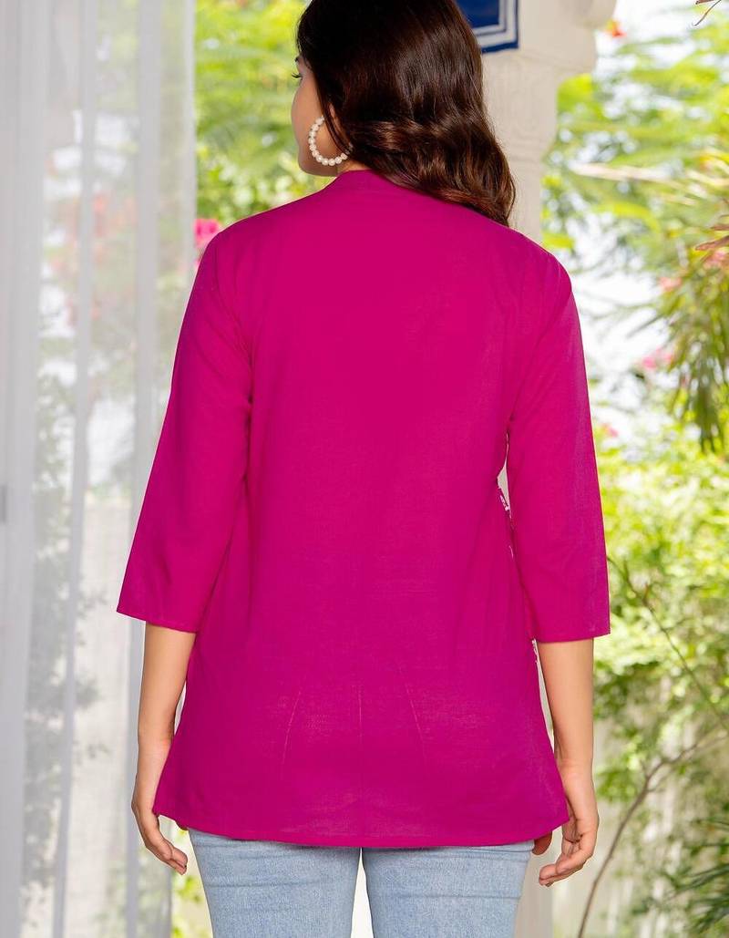 Pink floral printed cotton tunic short kurti top for women