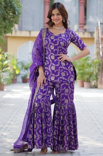 R blue viscose readymade suit with jacquard & embroidery work