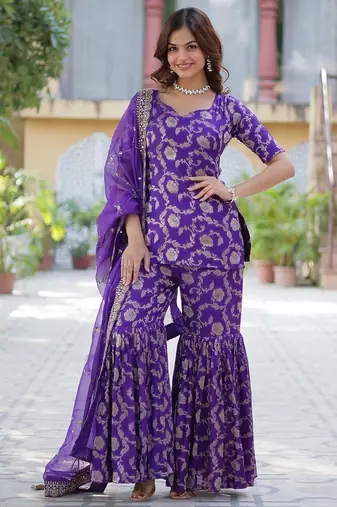 R blue viscose readymade suit with jacquard & embroidery work