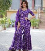 R blue viscose readymade suit with jacquard & embroidery work