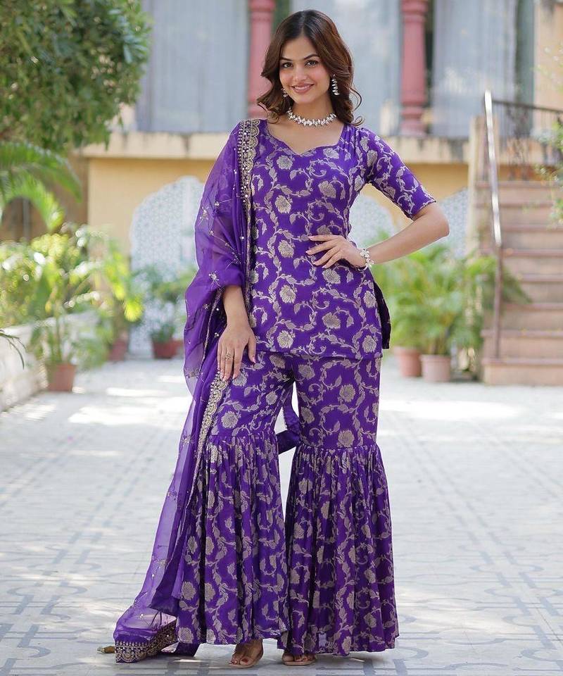 R blue viscose readymade suit with jacquard & embroidery work