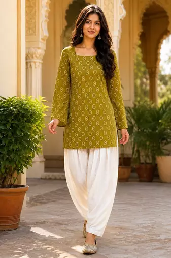 Green cotton readymade suit with digital print