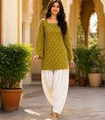 Green cotton readymade suit with digital print