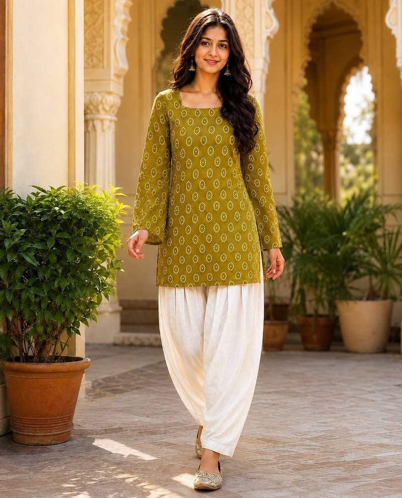 Green cotton readymade suit with digital print