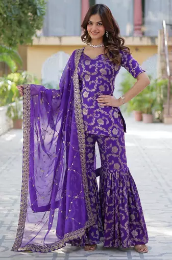 R blue viscose readymade suit with jacquard & embroidery work