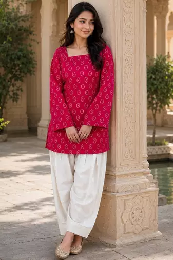 Red cotton readymade suit with digital print