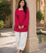 Red cotton readymade suit with digital print