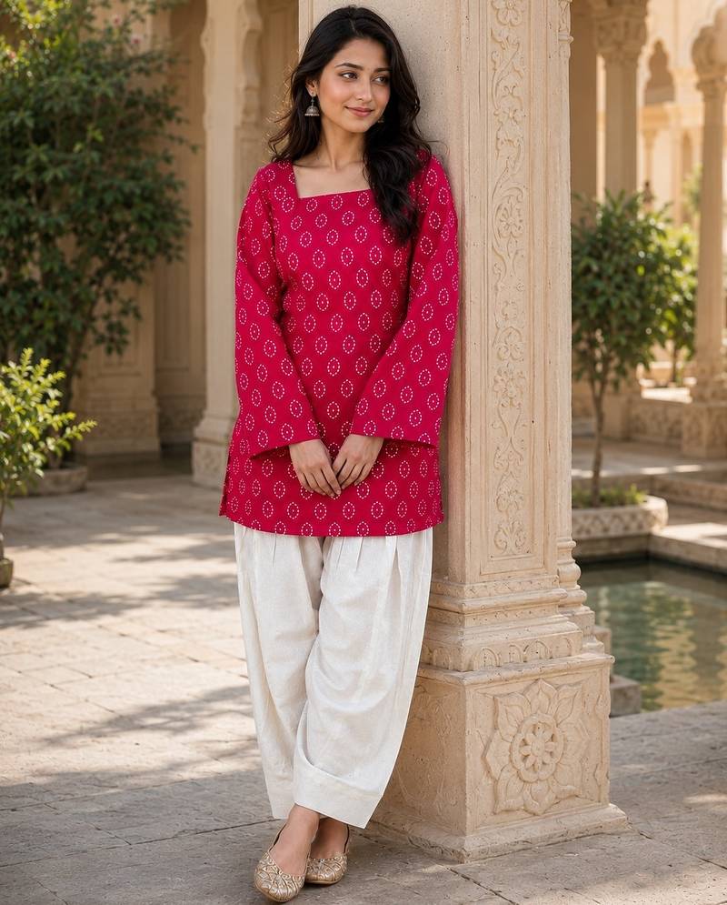 Red cotton readymade suit with digital print