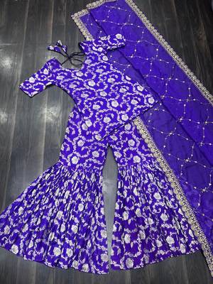 R blue viscose readymade suit with jacquard & embroidery work 3