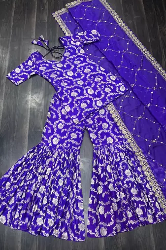 R blue viscose readymade suit with jacquard & embroidery work