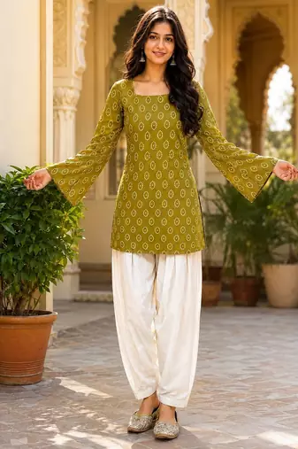 Green cotton readymade suit with digital print