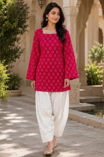 Red cotton readymade suit with digital print