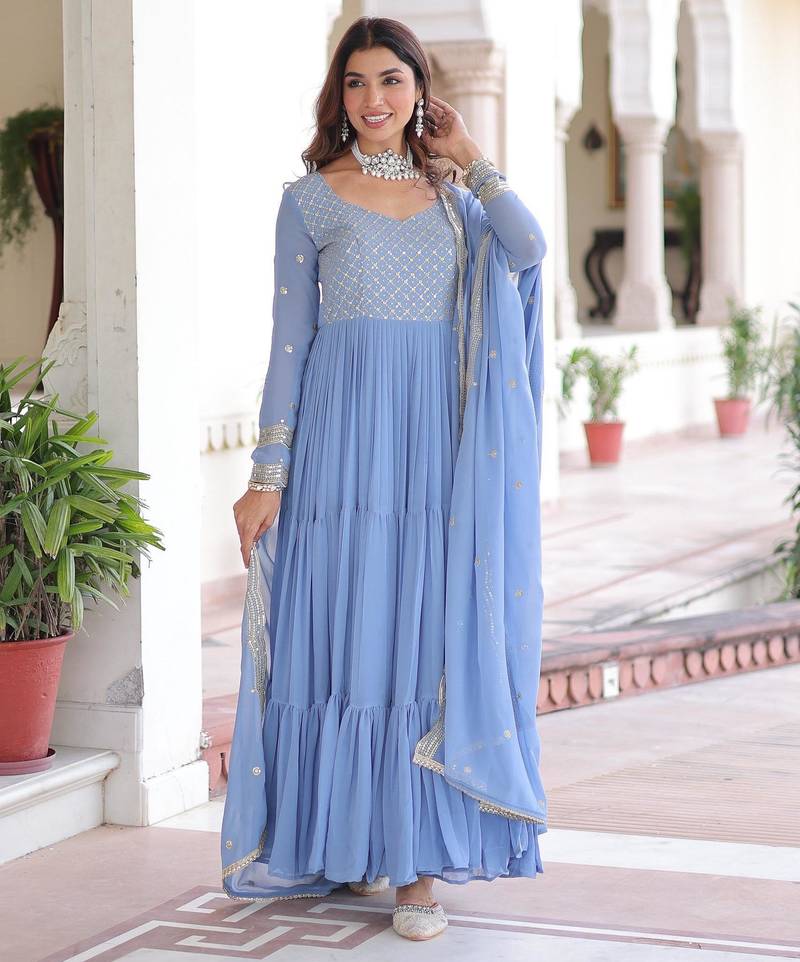 Blue georgette readymade anarkali suit with embroidery & zari work