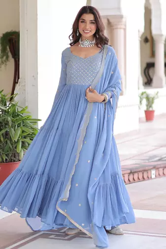 Blue georgette readymade anarkali suit with embroidery & zari work