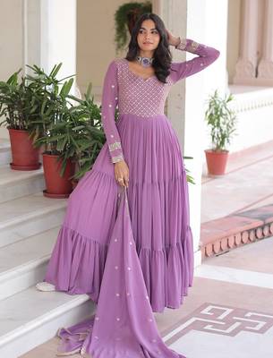 Lavender georgette readymade anarkali suit with embroidery & zari work 1