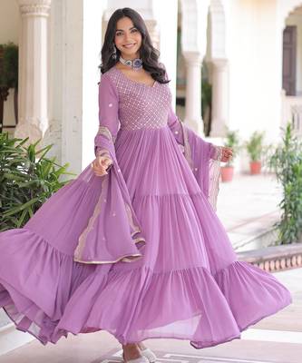 Lavender georgette readymade anarkali suit with embroidery & zari work 2