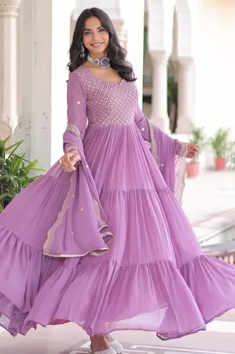 Lavender georgette readymade anarkali suit with embroidery & zari work