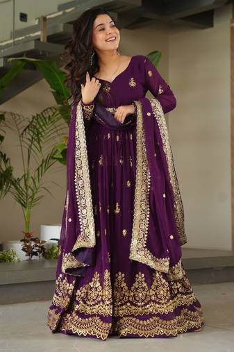 Violet georgette readymade anarkali suit with embroidery & zari work