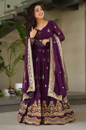 Violet georgette readymade anarkali suit with embroidery & zari work