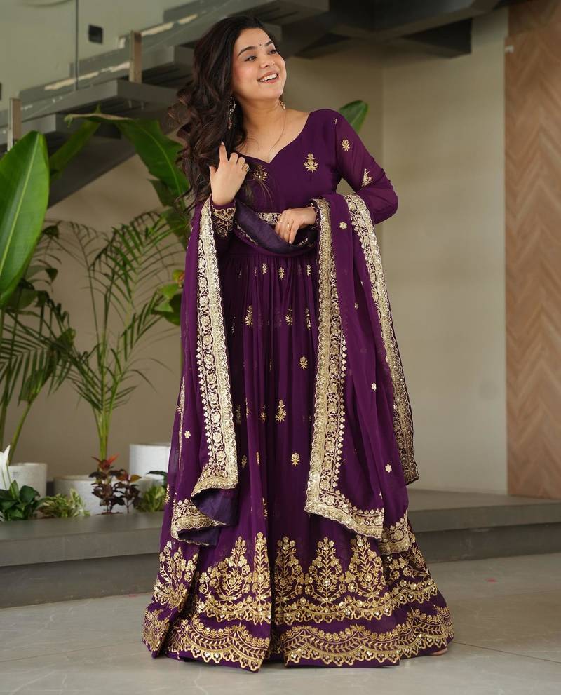 Violet georgette readymade anarkali suit with embroidery & zari work