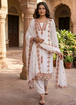 Brown&white georgette readymade suit with thread embroidery work 1