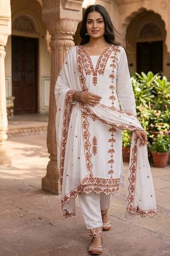 Brown&white georgette readymade suit with thread embroidery work