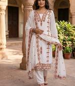 Brown&white georgette readymade suit with thread embroidery work