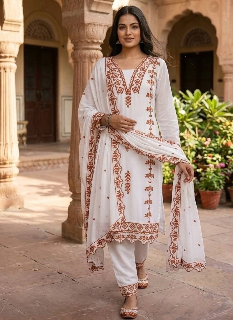 Brown&white georgette readymade suit with thread embroidery work
