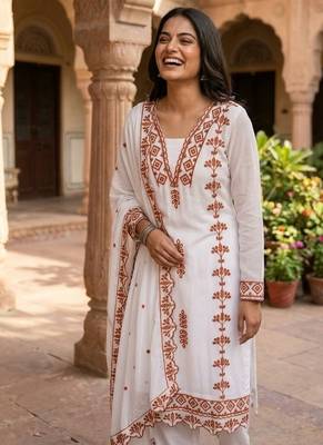 Brown&white georgette readymade suit with thread embroidery work 2