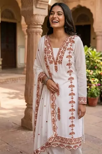 Brown&white georgette readymade suit with thread embroidery work