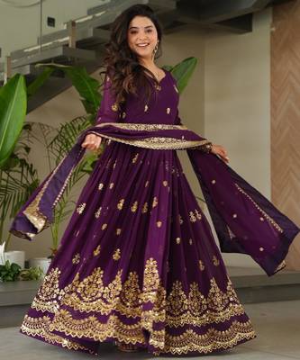 Violet georgette readymade anarkali suit with embroidery & zari work 2