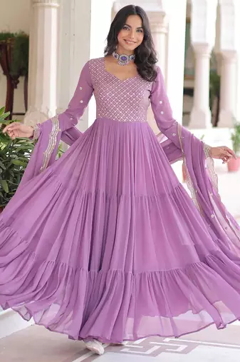 Lavender georgette readymade anarkali suit with embroidery & zari work