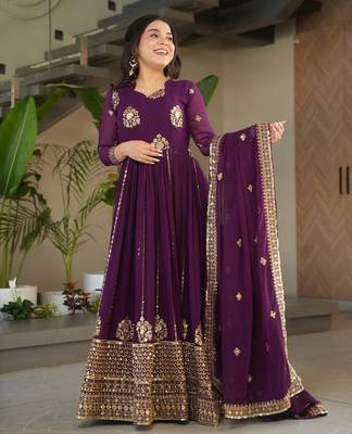 Violet georgette readymade anarkali suit with embroidery & zari work 1