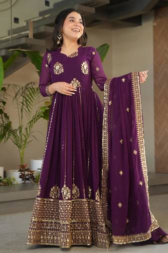 Violet georgette readymade anarkali suit with embroidery & zari work