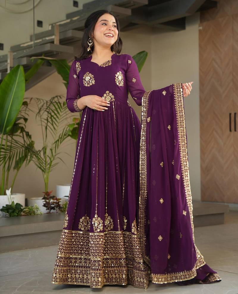 Violet georgette readymade anarkali suit with embroidery & zari work