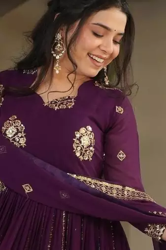 Violet georgette readymade anarkali suit with embroidery & zari work