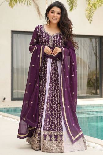 Purple georgette readymade anarkali suit with embroidery & zari work