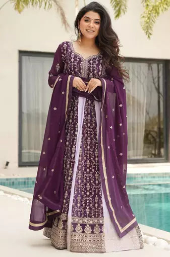 Purple georgette readymade anarkali suit with embroidery & zari work